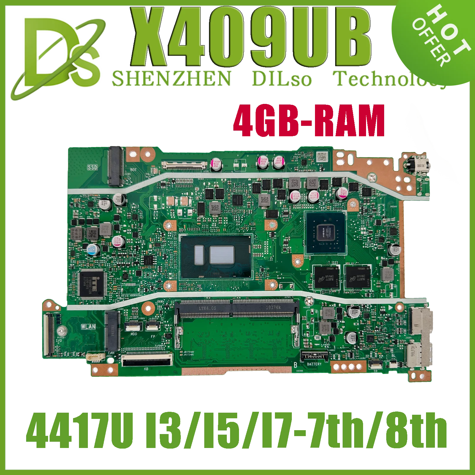 

KEFU X409UB Laptop Motherboard With i3 i5 i7/8th 4417U 4GB/8GB-RAM PM/UMA For ASUS X409UA X509UA X509UB X409UJ X509UJ Mainboard