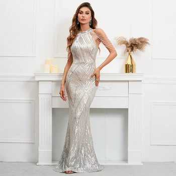YIDINGZS Elegant Off Shoulder Silver Sequin Evening Dress Women New Party Maxi Dress Long Prom Dress 18126