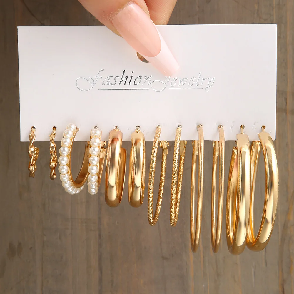 LATS Boho Big Circle Hoop Earring Set for Women Gold Color Bohemia Vintage Pearl Square Earring Heart Zircon Ear Studs Jewelry 3