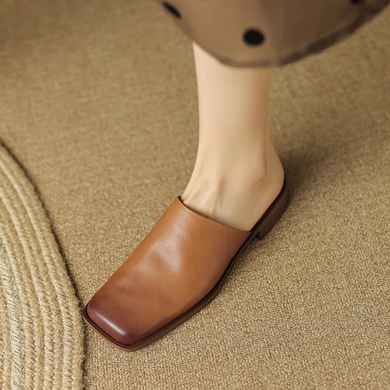 

Spring Slippers Retro Slip-On Vintage Simple Shoes Ladies Muller Square Toe Woman Mules Soft Leather Cowhide Women Flat Shoes