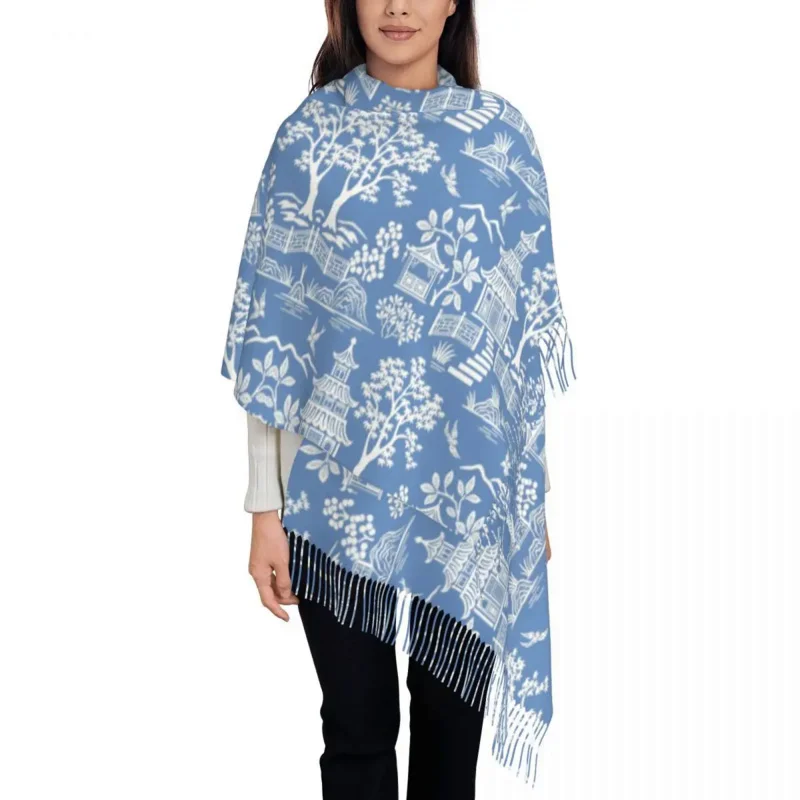 

Custom Printed Chinoiserie Pagoda Ancien Blue Delft Willow Scarf Women Men Winter Warm Scarves Oriental Style Shawl Wrap