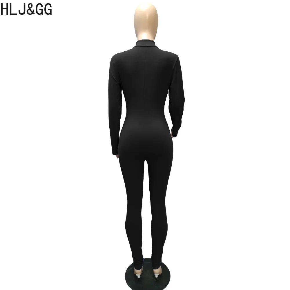 HLJ&GG Autumn Sexy Deep V Bodycon Jumpsuits Women Long Sleeve Slim Sporty Playsuits Casual Female Solid Sporty Matching Overalls