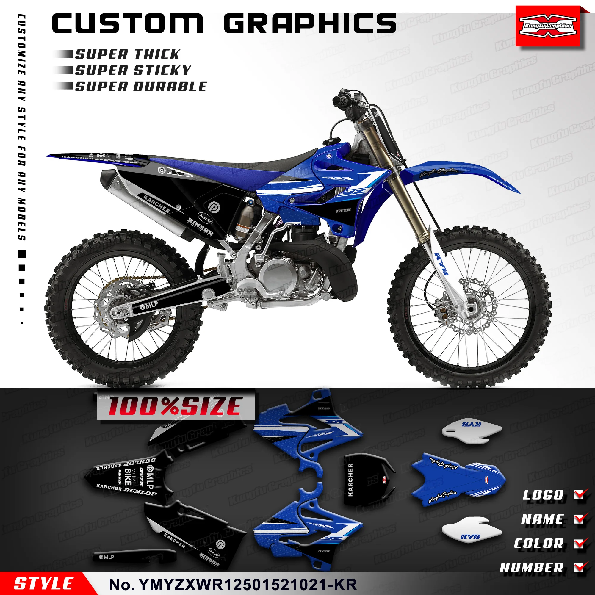 

KUNGFU GRAPHICS Waterproof Sticker Decal Kit for Yamaha YZ125 YZ250 WR 125 250 2015 2016 2017 2018 2019 2020 2021, Black Blue