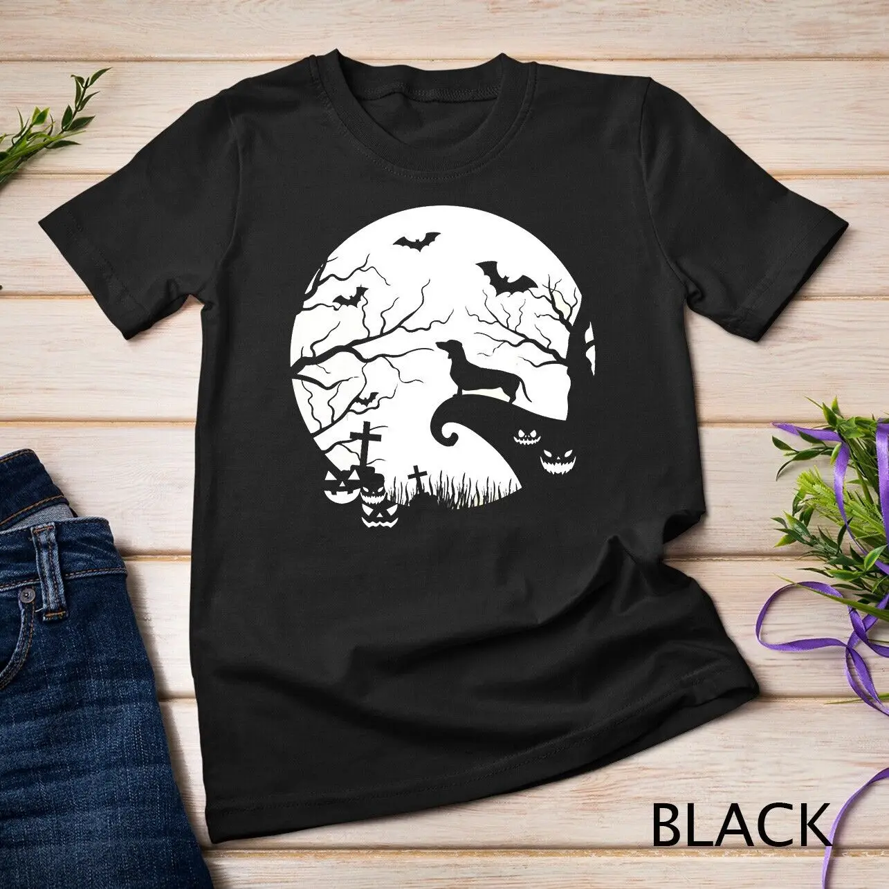 

Футболка унисекс, собака и луна, Такса, Хэллоуин, тыква