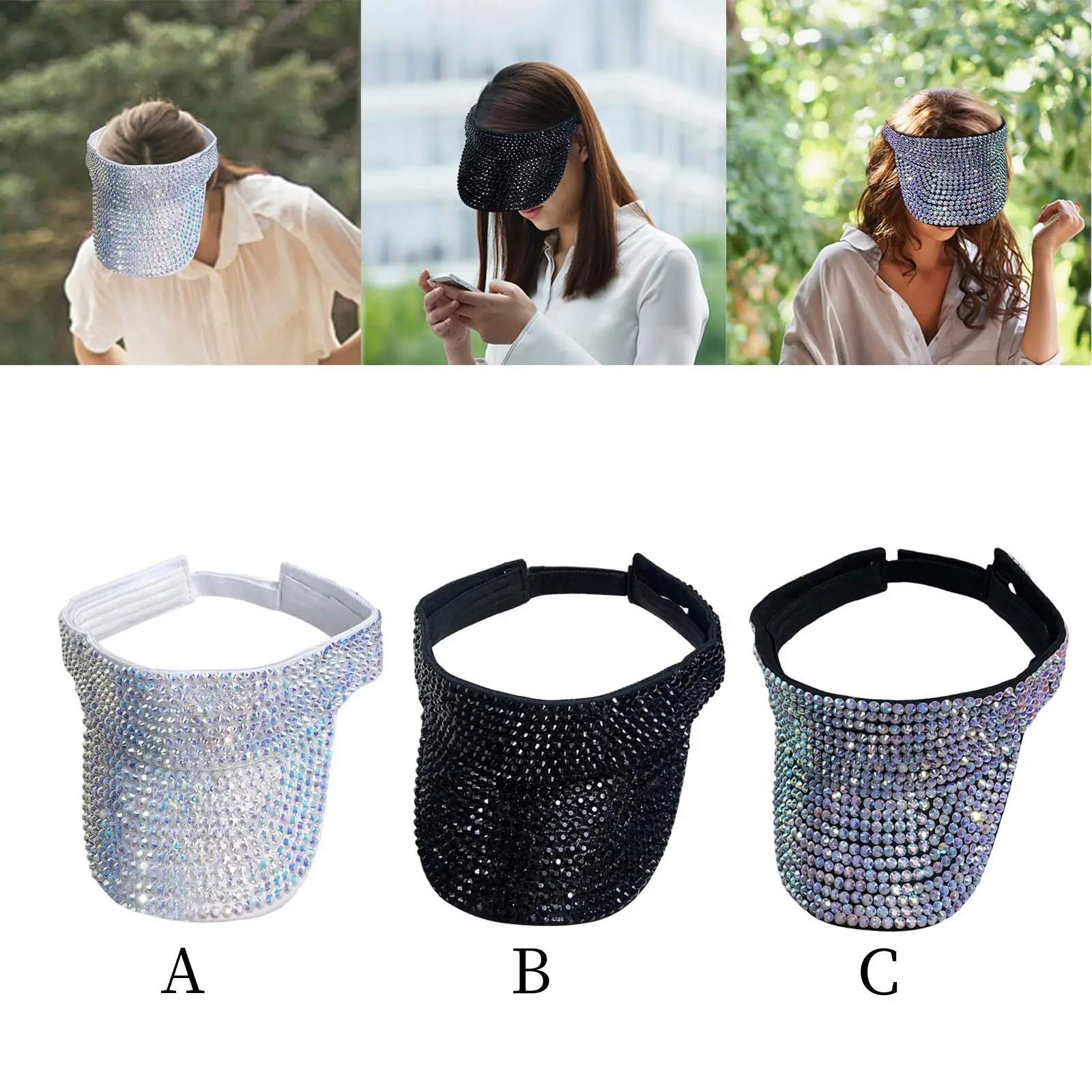 Shiny Bling Rhinestone Visor Sun Hat Adjustable Wide Brim Empty Top Glitter Hat for Golf Baseball