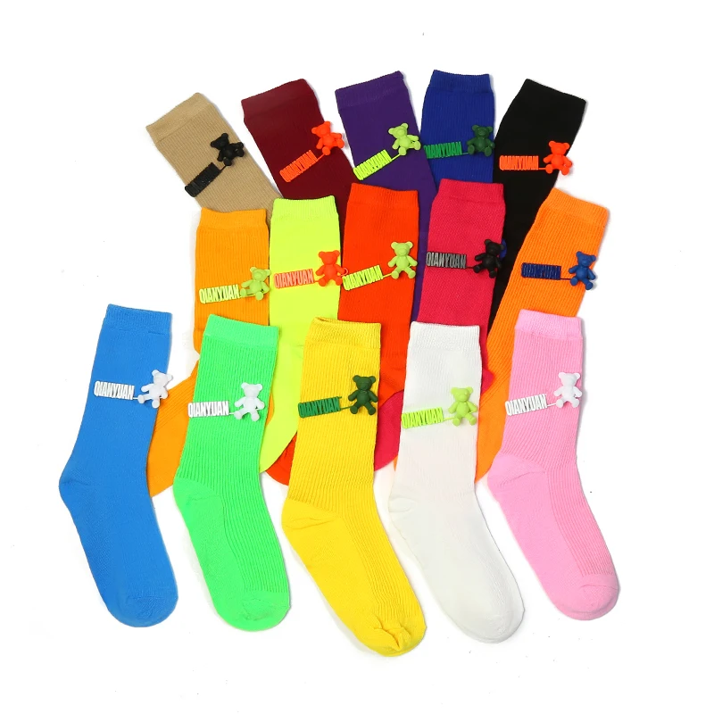 Black and White Pure Color Tube Socks Female Pin Bear Lovely Personality Tide Socks INS Korean Students Long Tube Cotton Socks