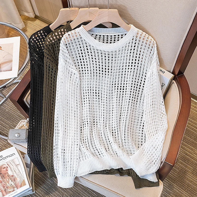 

Летняя свободная Вязаная футболка с вырезами, женская футболка, Солнцезащитная одежда, однотонный топ с длинным рукавом, Свободные повседневные Черные и белые футболки