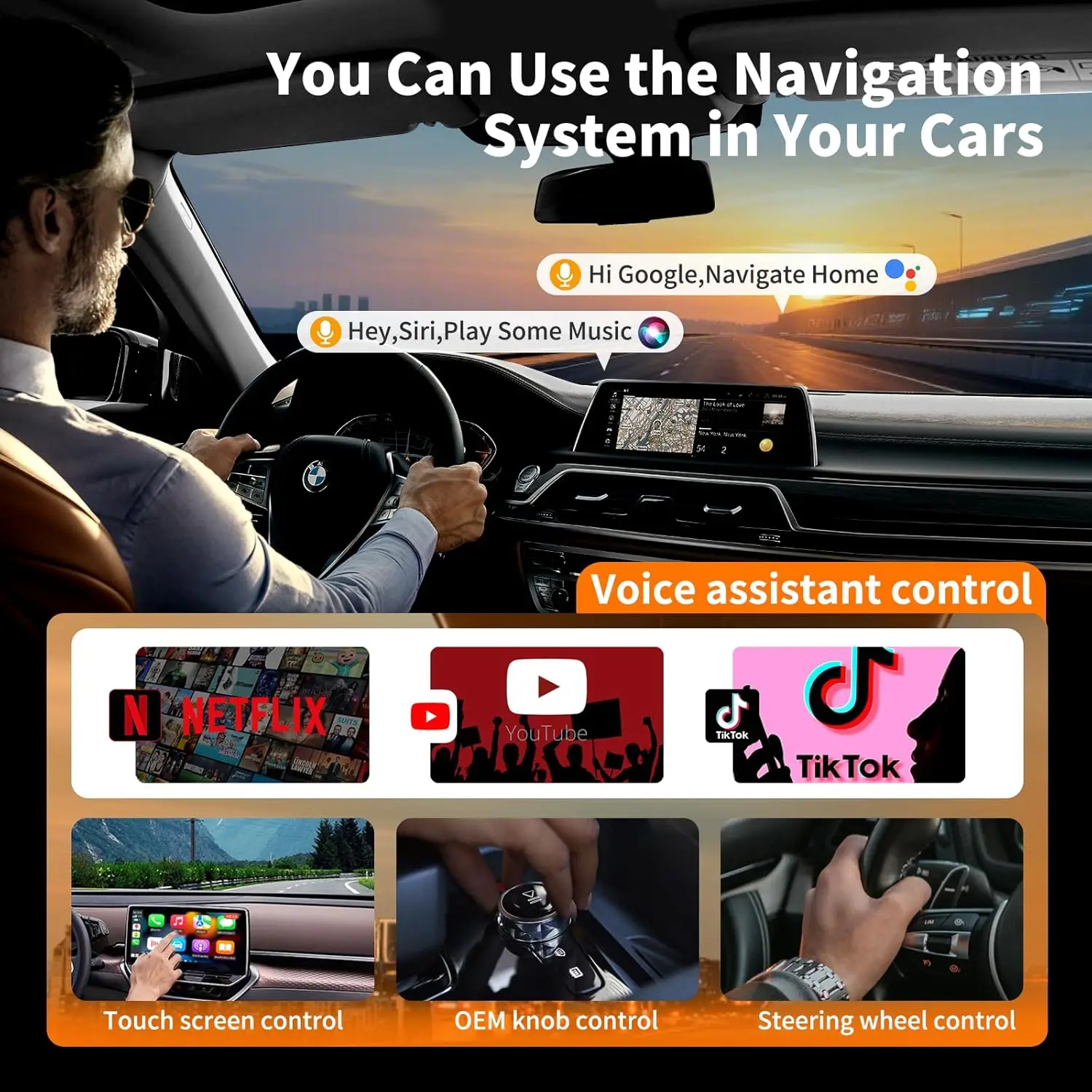 무선 CarPlay/안드로이드 Auto 비디오 어댑터, 지연 없이 YouTube/Netflix/TikTok 영상 시청 지원, 플러그 앤 플레이