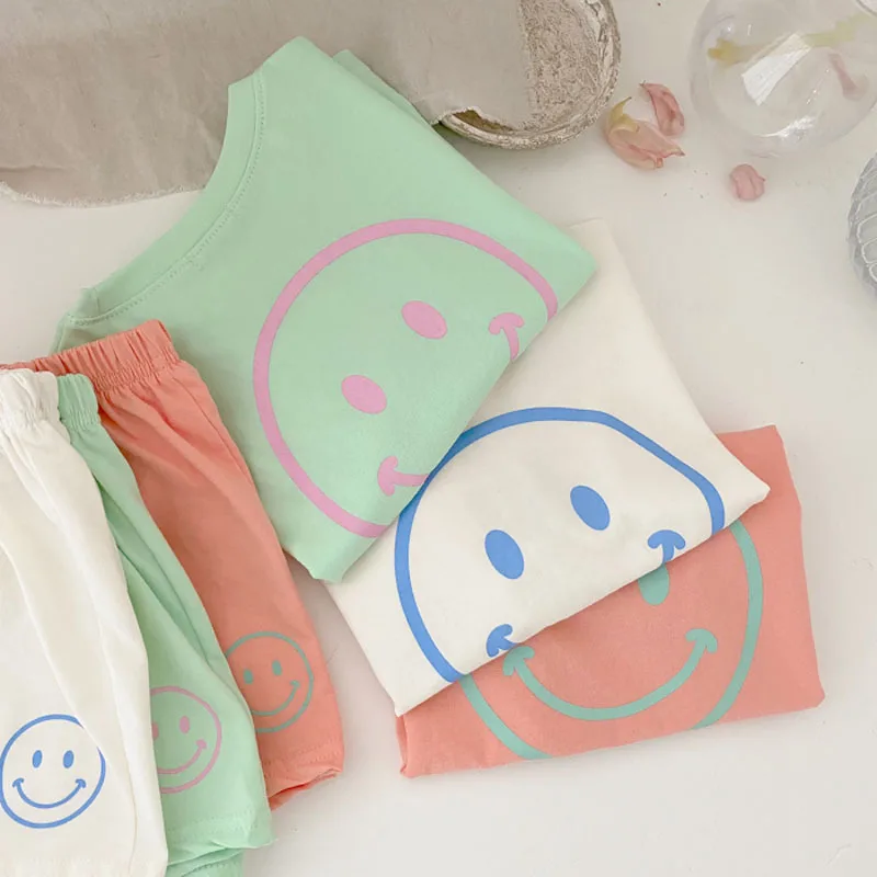 Baby Clothing Set for girl Baby Clothes Girls Candy Color Cotton Casual Short Sleeve Suit Boys Baby Letters Smiley Print T-Shirt Shorts Casual Suit baby clothes in sets	