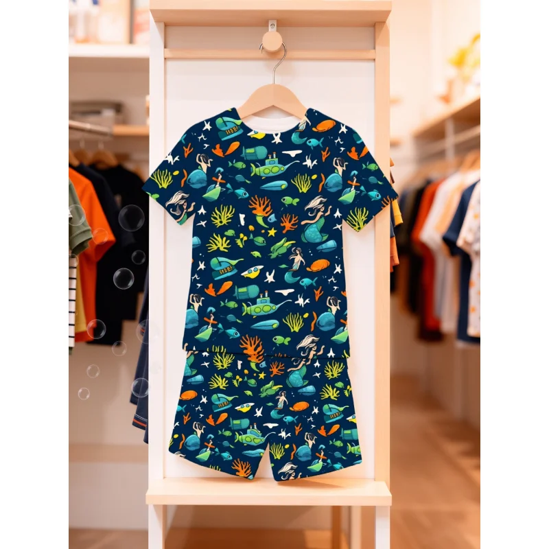 2 Pcs Boy Clothes Baby Cute Sets Summer Adventure Ocean Animal Print Outdoors Play Happy Kids Fun Active Wear For Little Boys 2