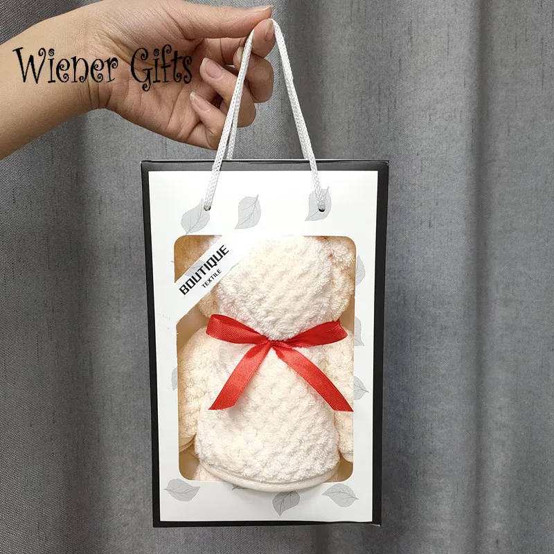 75x35cm Coral Velvet Fleece Bear Hand Towel With Bag Absorbent Face Wedding Business Holiday Gifts Bathroom