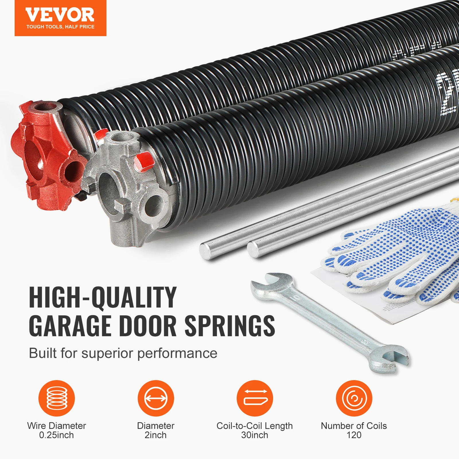 Garage Door Torsion Springs VEVOR Garage Door Torsion Springs Pair of 16000 Cycles with Non-Slip Winding Bars Gloves and Mounting Wrench