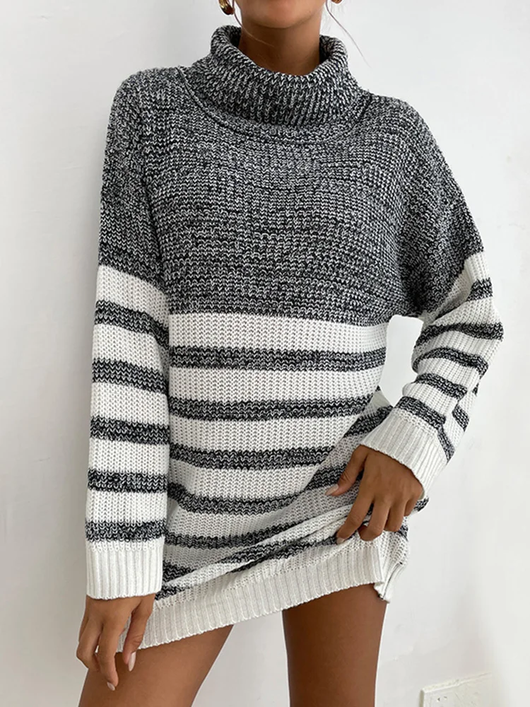 

JIM & NORA Autumn And Winter Woman Grey White High Neck Striped Long Sleeved Pullover Sweater Warm Casual Fitting Woolen Dress