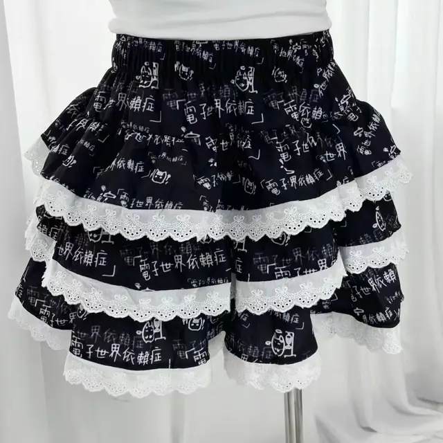 2025 Japanese Style White Black Lace Kawaii Mini Skirt