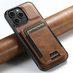 SUTENI Luxury Faux Leather Card Holder Phone Case with Stand Feature - iPhone 15 Plus (Brown)