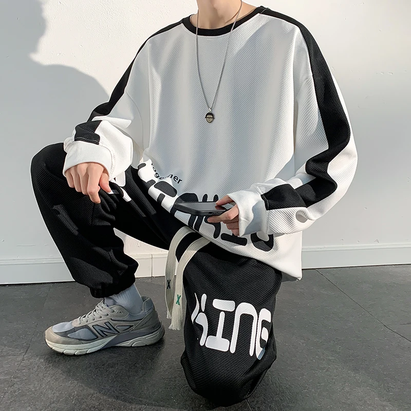 2024Spring Autumn New Men Waffle Two-Piece Casual Loose Long Sleeve and Pants O Neck Solid Color Running Pants casual sports Set