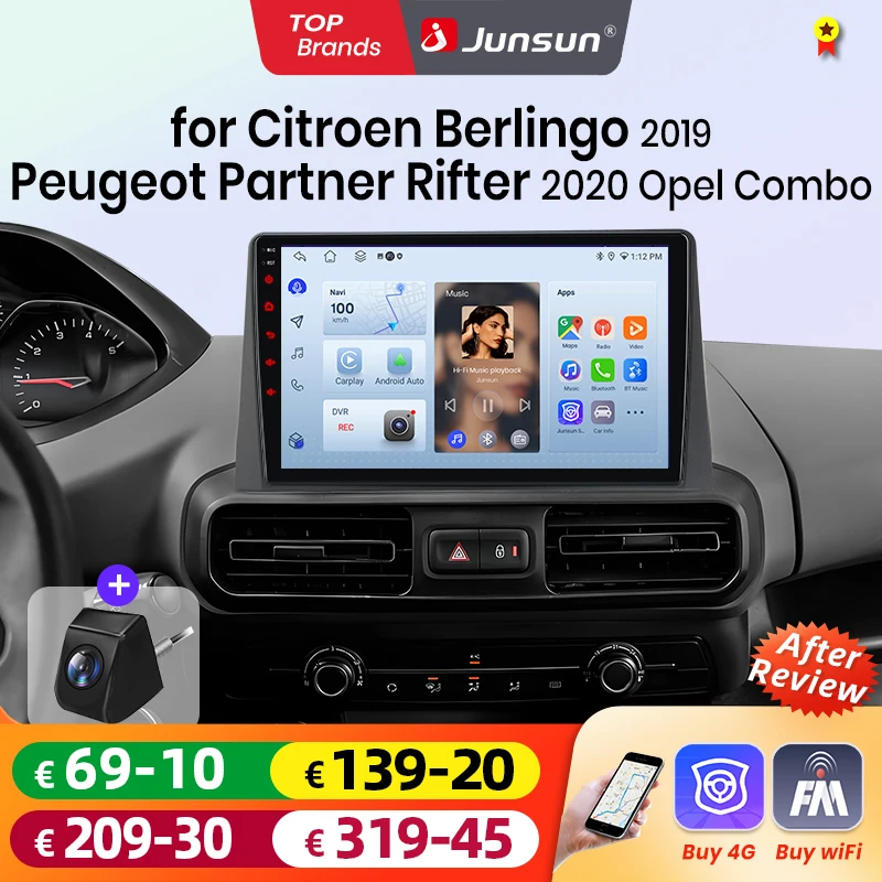 Radio para Auto Junsun de 10 Pulgadas con CarPlay Inalámbrico y Android Auto para Citroen Berlingo 2019, Peugeot Partner Rifter 2020, Opel Combo, Sistema Multimedia Inalámbrico Apple CarPlay, Pantalla Táctil IPS Inteligente, Reproductor de Video Estéreo, Autoradio 2 Din, Unidad Principal con GPS y Navegación 1