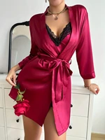 Women's 2-Piece Silky Lace Trim Open Back Camisole & Slit Lounge Set Breathable Sleepwear - Image 2