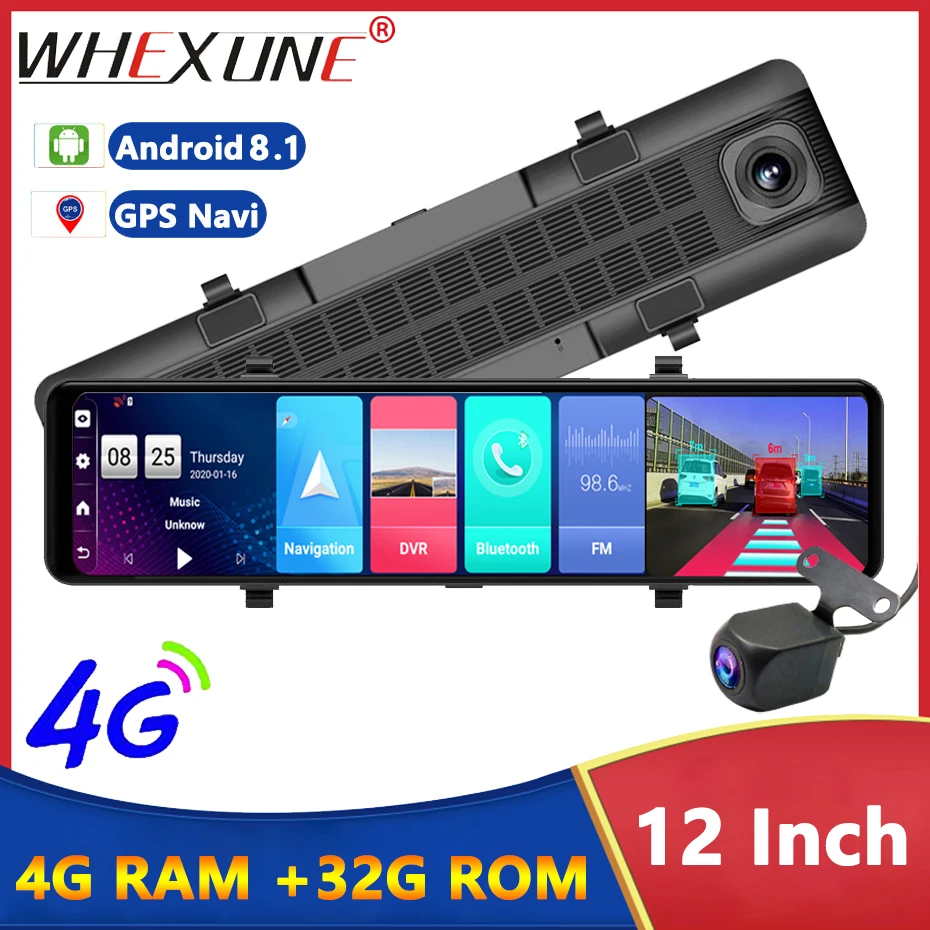 

Автомобильный видеорегистратор, 4G, 12 дюймов, Android 8,1, двойная камера 1080P, Wi-Fi, BT, 4.0, GPS-навигация, ADAS, удаленный видеорегистратор, система видеонаблюдения