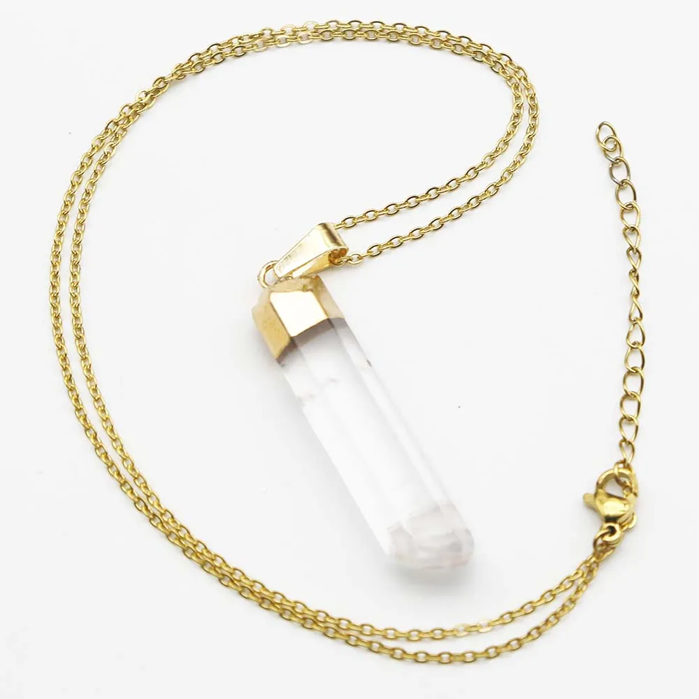Natural Stone White Crystal Post Plated Gold Pendant Necklace Stainless Steel Chain Charm DIY Jewelry Accessories Wholesale 6Pcs