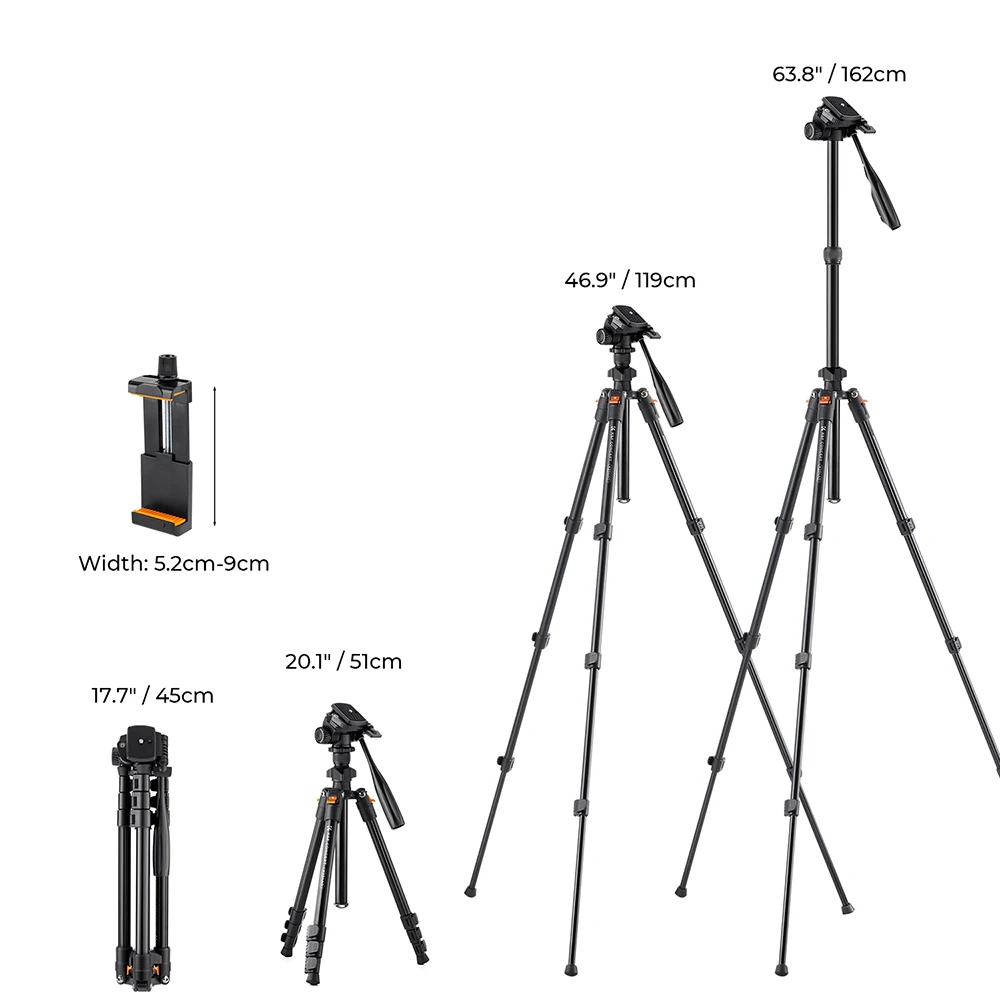 K & F 컨셉 63.8 인치 DSLR 카메라 삼각대, 휴대용 알루미늄 여행 전화 삼각대, 전화 클립 포함, 범용 사진