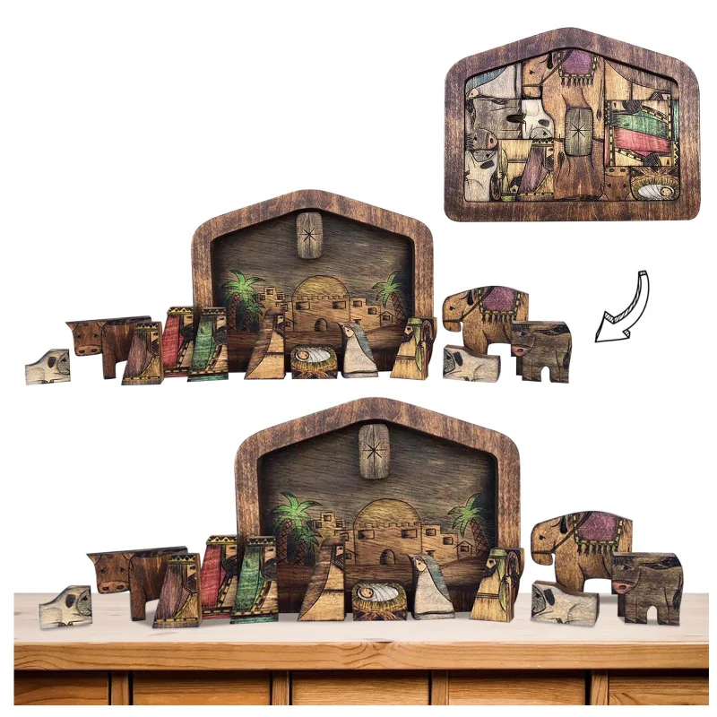 Creative Wooden Jesus Puzzles Nativity Decoration with Unique Wood Burned Design Home Decoration Accessories for Adult Figurine
