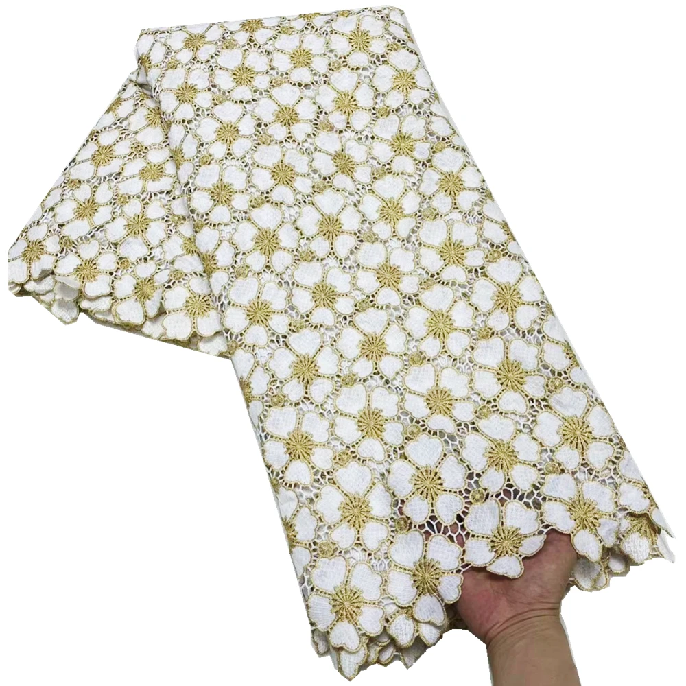 

African Fench Lace White And Gold Guipure Cord Lace Embroidered Fabrics For Party Dress 5 Yards