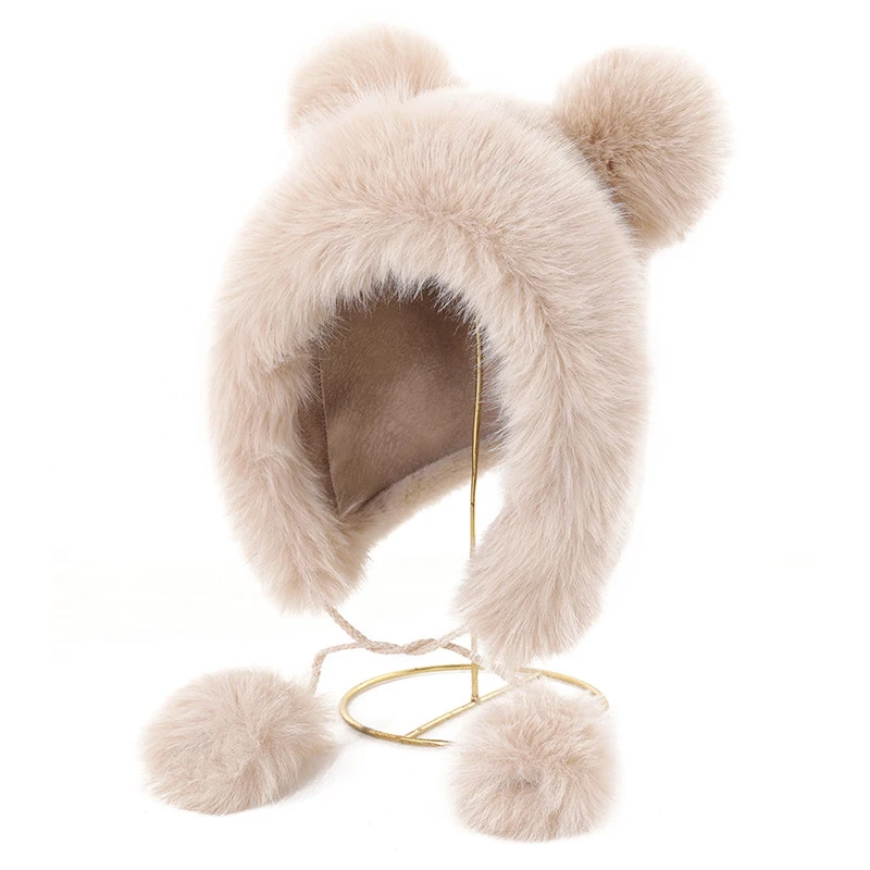 

1PC Thickened Imitation Mink Hair Pom-pom Strap Women's Hat Warm Bear Ears Ear Protection Fluffy Cute Outdoor Sweet