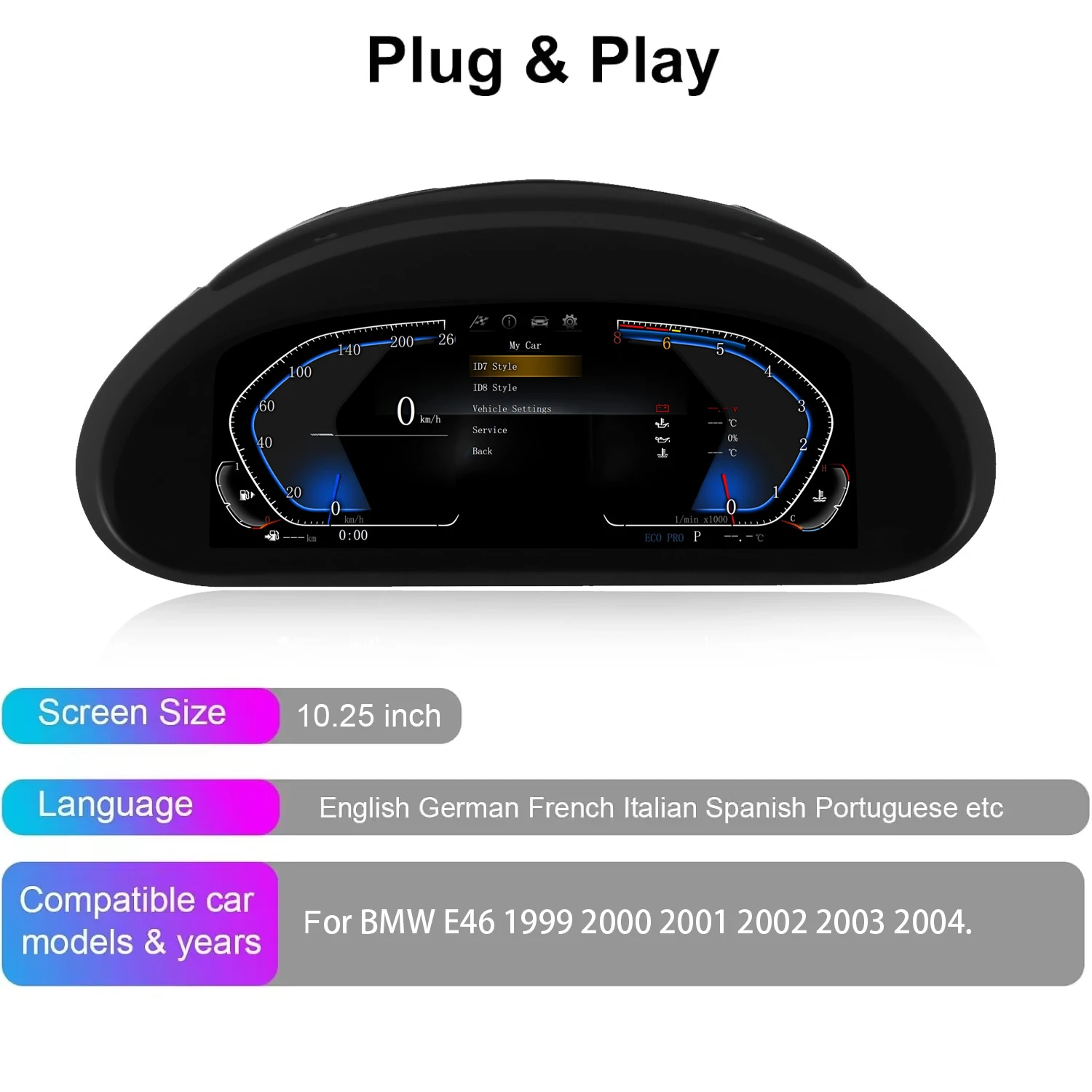 10.25"Cluster Digital Dashboard For BMW bmw E46 1999-2004 Odometer, Speedometer,