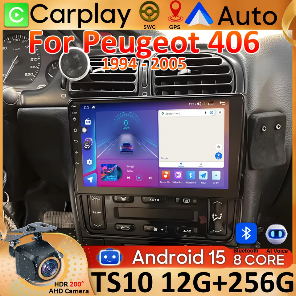 前後ドラレコ　ディスプレイオーディオ CarPlay Android auto Android 15 Auto Carplay For Peugeot 406 1995-2005 Stereo