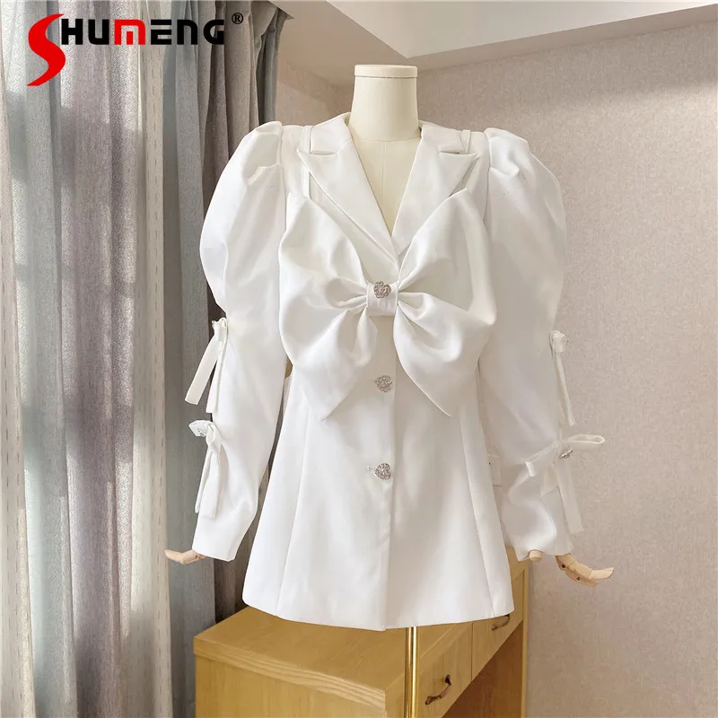 

Early Spring New Hollow-Out Midriff Rhinestone Bow Simple Suit Dress Annual Banquet Clothing Long Sleeve White Elegant Dress