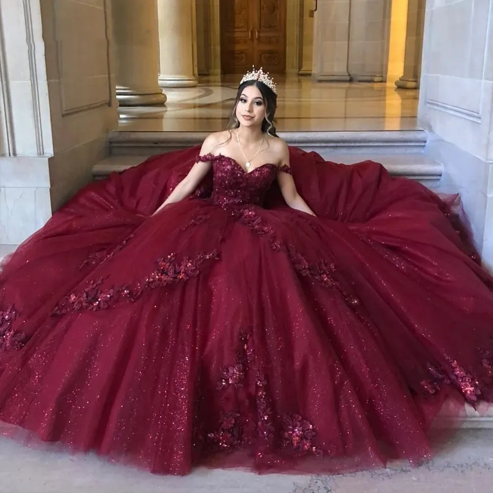 

Блестящие бордовые платья Quinceanrea, милое платье с открытыми плечами и аппликацией для девушек, вечерние платья на день рождения, платья 15