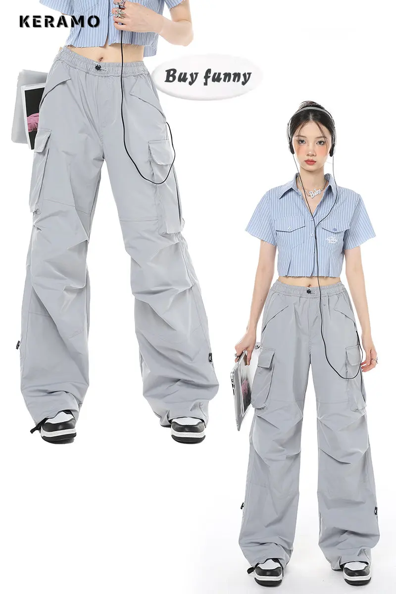 American Retro Hip-hop High Street Casual Overalls Solid Color Loose Wide Leg Pants Women Y2k Cargo Grunge Baggy Trousers images - 6