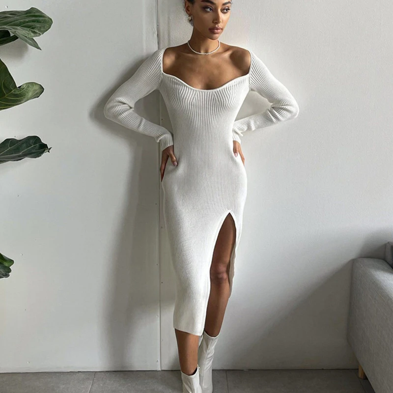

Fashion Chic Knitted White V Neck Women Long Dress Sexy 2022 Solid Color Ribbed Split Autumn Winter Female Dresses Streetwear