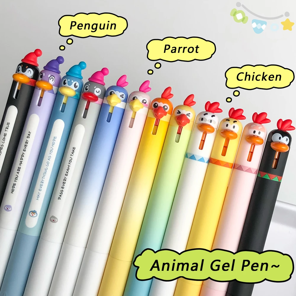 4 Pcs/Set Creative Penguin Parrot Design Gel Pens 0.5mm Black Fine Point Retractable Quick-Drying Smooth Writing Pens Stationery