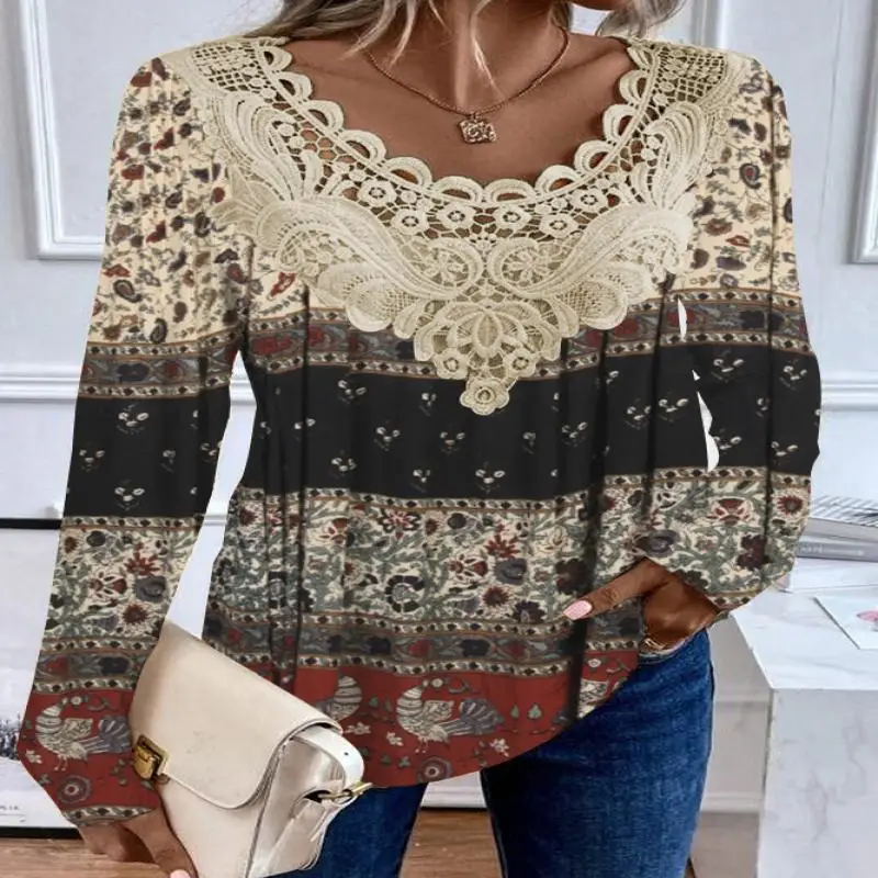 

Plus Size Women's Long Sleeve Scoop Neck Lace Stitching Colorblock Graphic Printed