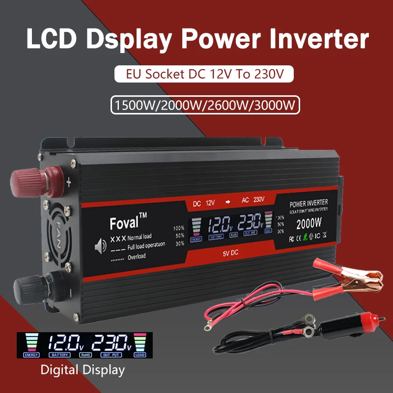 1500W/2000W/2600W/3000W Inverter Di Potenza Lcd Display Digitale Dc 12V A Ac 230V Solare 2 Usb Convertitore Trasformatore Per Auto Presa Ue