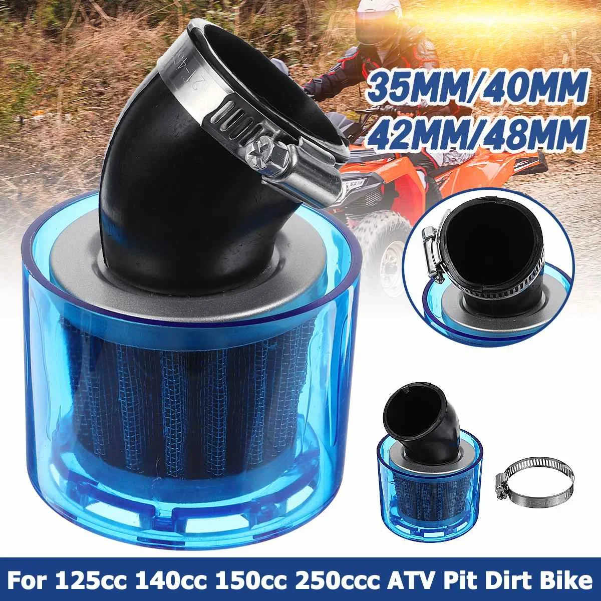 

35/40/42/45/48mm Bend Elbow Neck Motorcycle Motorbike Air Filter Cleaner Fits 125cc-250cc ATV Pit Dirt Bike Splash Proof Blue