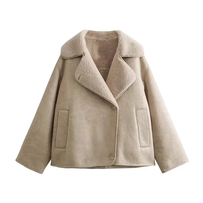 Vintage Women's Leather Jacket Loose Thick Warm Lapel Single Breasted Long Sleeve Fleece Jacket Fall Winter Street Outwear