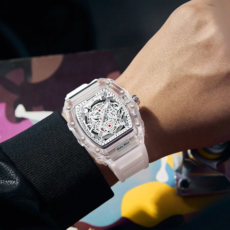 KIMSDUN Luxury Men Watch Skeleton Dial Mens Quartz Wristwatch Fashion White Sports Men Watches Business Man Steampunk New Clock