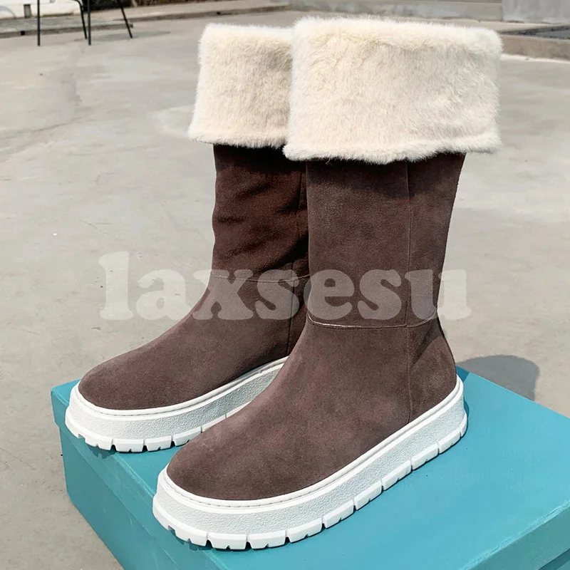 

Women Long Boots Spring Autumn 2023 New Cow Suede Upper Round Head Thick Bottom Long Boots Concise Versatile Female Shoes