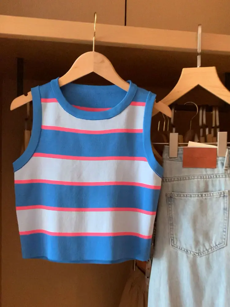 Korean Version Vintage Sweet Hot Girl Short Knitted Striped Camisole Women\'s Summer Outer Wear Pure Desire Chic Sleeveless Top