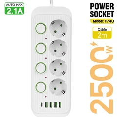European Standard Power Strip with USB Ports and Network Filter, Individual Switch, EU Plug - EU - F74 - 2W