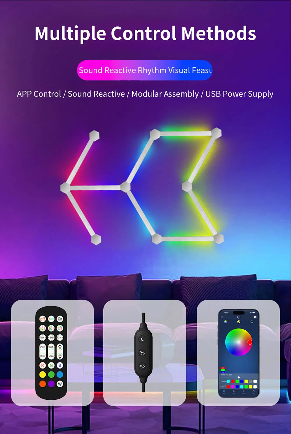 Smart RGB Hexagon LED Wall Panels – Color Changing Ambient Night Light, DIY Modular Design, App & Music Sync for Bedroom and Game Room