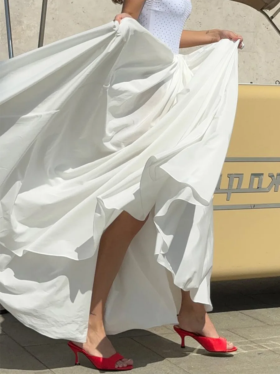 Bornladies Women's 2026 Spring Summer New Solid Color Skirt  Ruched Waist Flared Vacation Style Maxi Umbrella Skirt