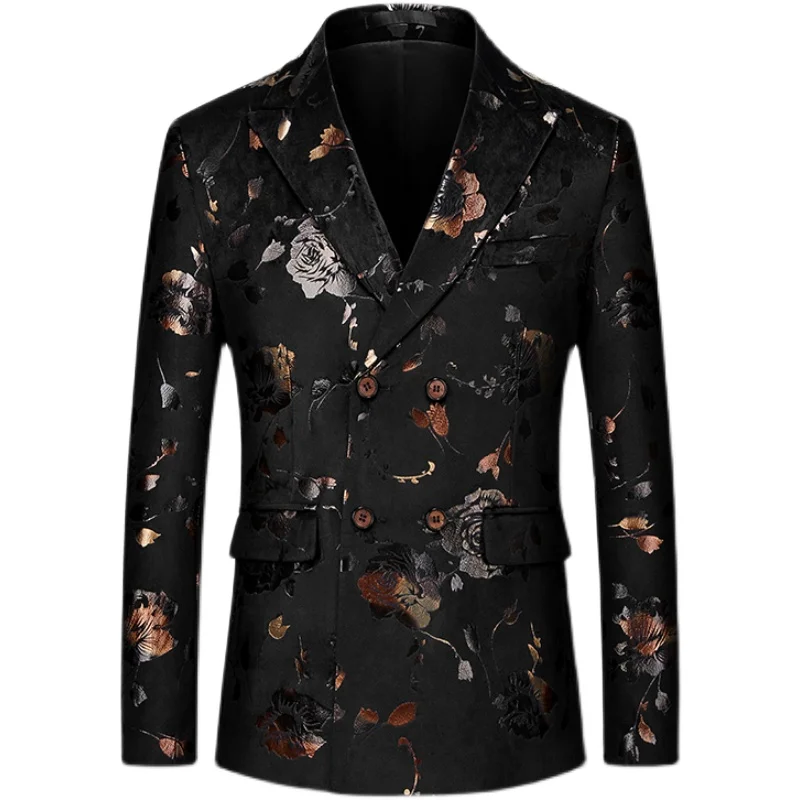High Quality Men's Business Fashion Handsome Trend Wedding Casual Double Breasted Flowers  Costume Homme De Luxe  Blazer 5