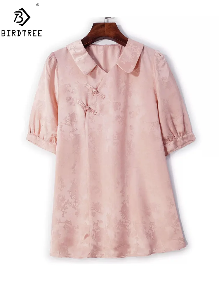 

Birdtree, 25MM Real Silk Crepe Women T-Shirt, Jacquard Short Sleeve, Chinese Style Retro Blouses, 2024 Summer New Tops T446114QM