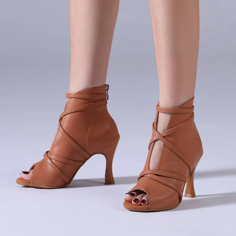 HROYL Sexy Standard Latin Dance Shoes Women Girls Boots High Heels Dancing Shoes Opened Toe Zipper Soft party Tango Salsa Jazz women dance shoes