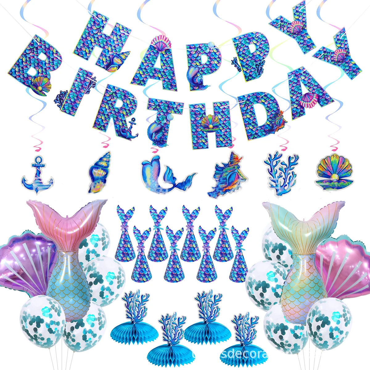 

Mermaid Birthday Party Decor Letters Banner Spiral Pendants Mermaid Tail Balloon Under The Sea Happy Girl Birthday Party Decor