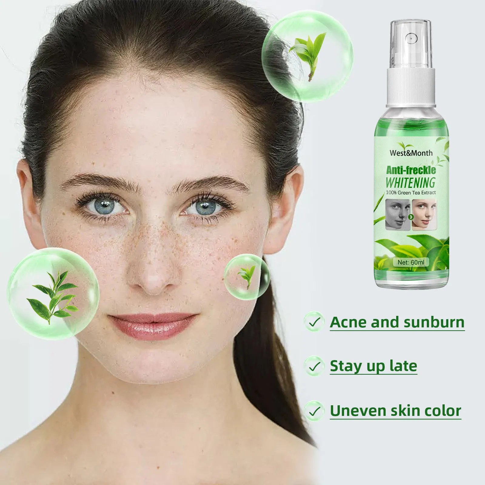 60ml Green Tea Skin Lotion Facial Care Lighten Melanin Brighten Skin Reduce Freckles Dark Spots Discoloration Refreshing Essence